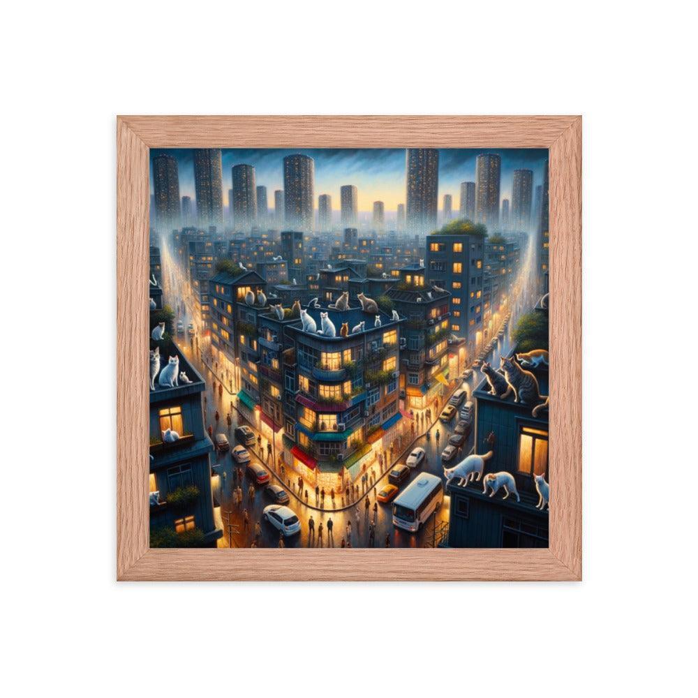 Cats' Twilight Cityscape Magical Glow Art Framed Poster - Oh Posters