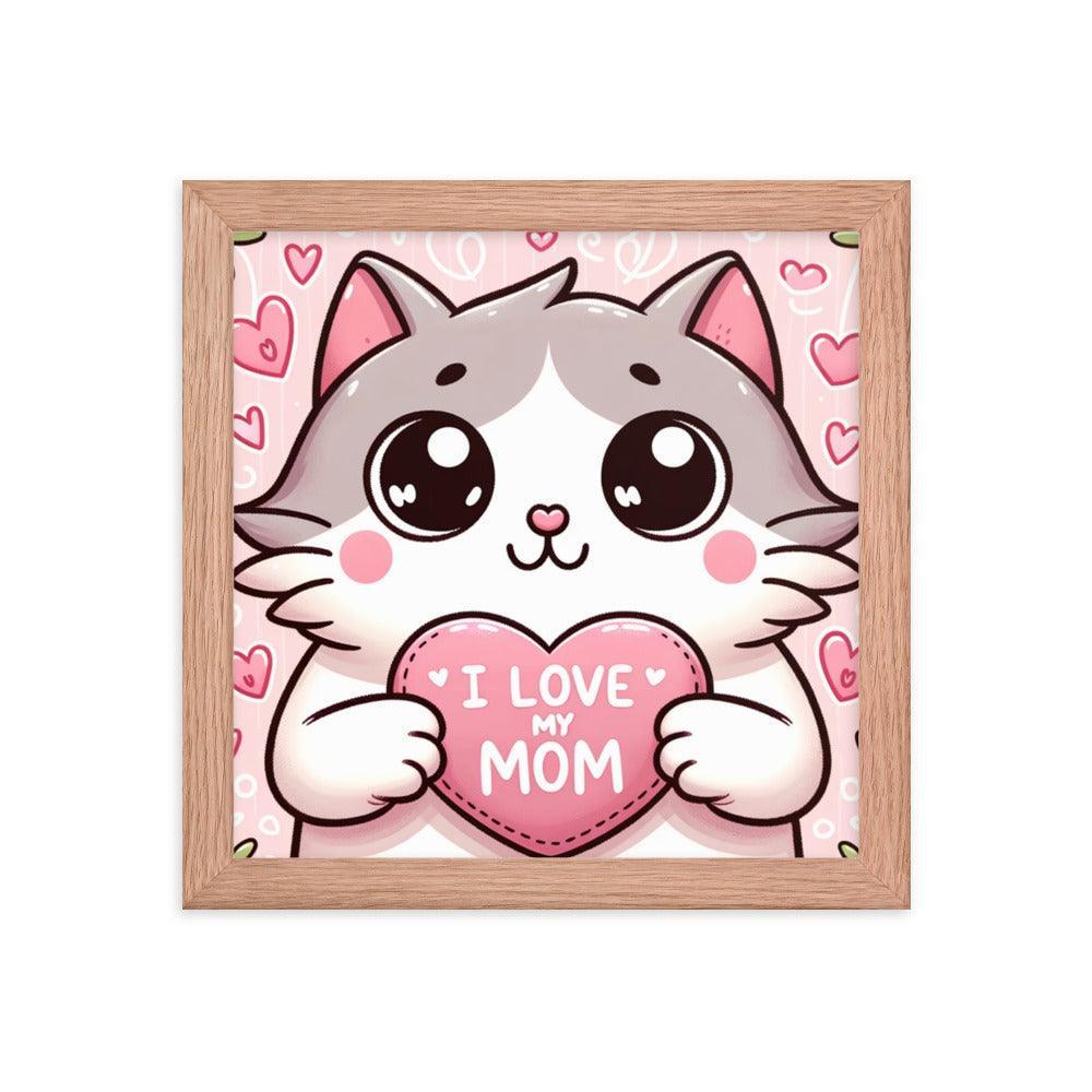 Cat Holding 'I Love My Mom' Sign on Lavender Heart Backdrop - Affectionate & Playful Framed Poster - Oh Posters