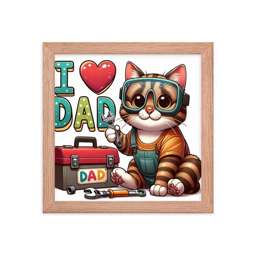 I Love Dad Handyman Cat Cartoon Framed Poster - Oh Posters