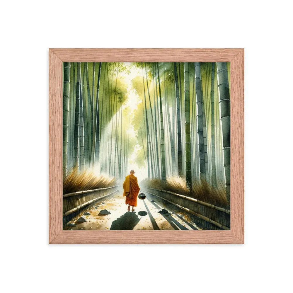 Monk in Bamboo Forest Collecting Dew - Serene Morning Reverie Framed Poster - Oh Posters