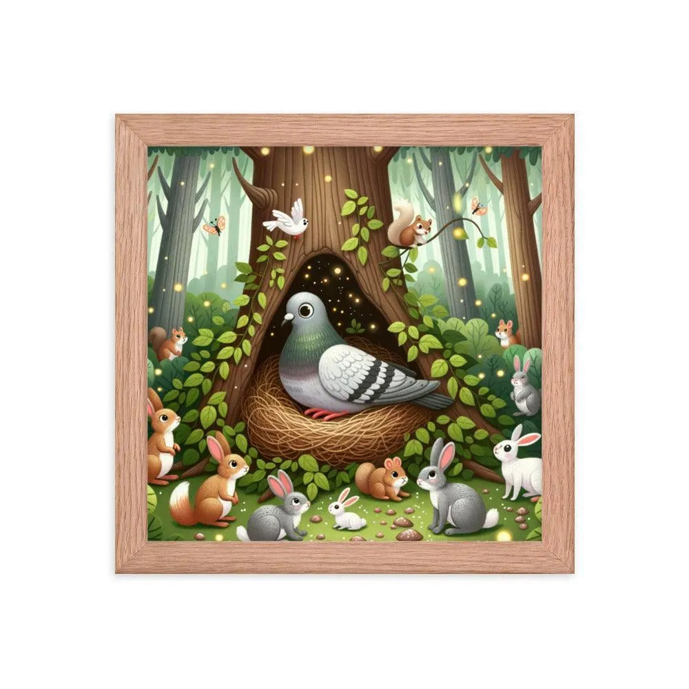 Pigeon in Forest Tree Hollow with Curious Creatures - Whimsical Woodland Framed Poster - Oh Posters