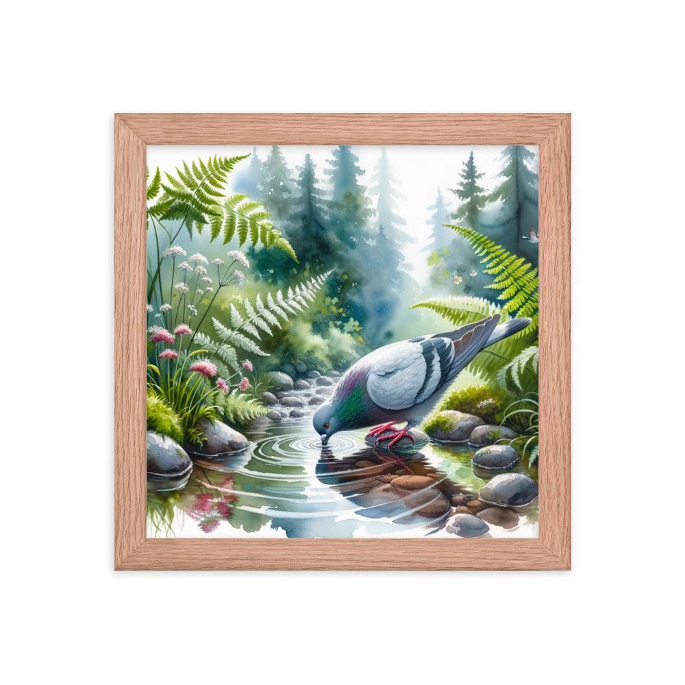 Pigeon Drinking from Forest Stream Art Framed Poster - Oh Posters