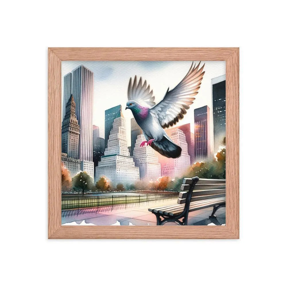 Urban Pigeon Over City Park Watercolor Illustration Framed Poster - Oh Posters