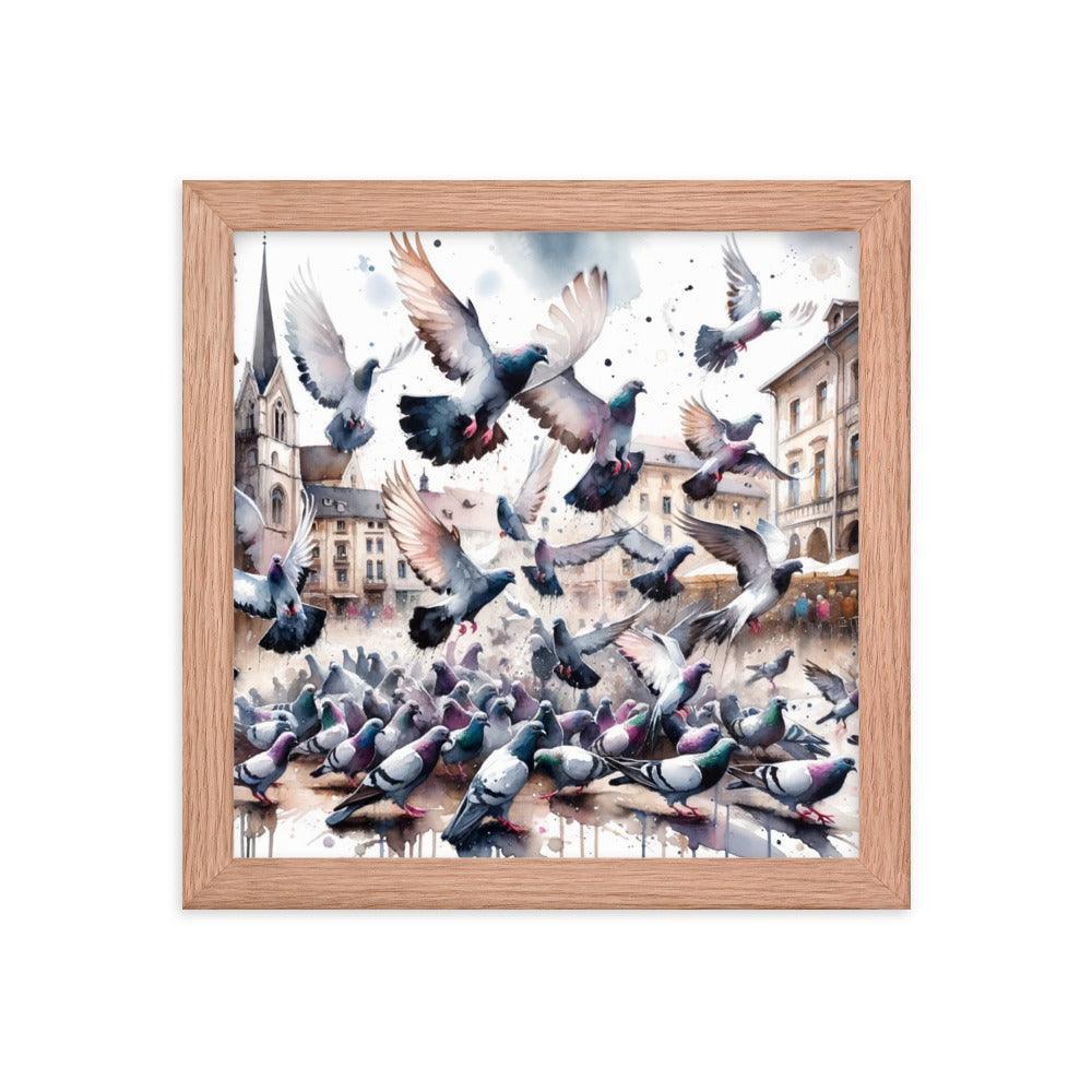 Pigeon Flock Dynamic Watercolor Cityscape Framed Poster - Oh Posters