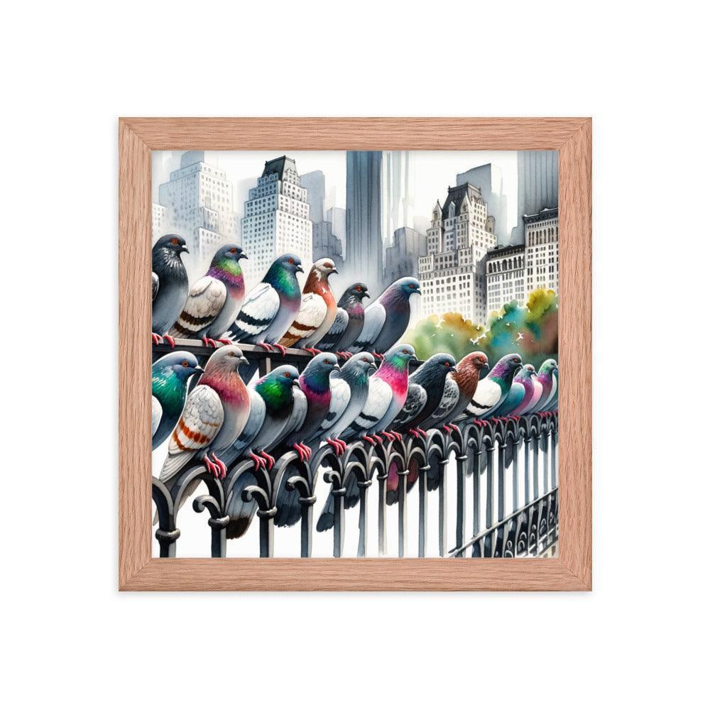 City Pigeons Flock Watercolor Skyline View Framed Poster - Oh Posters