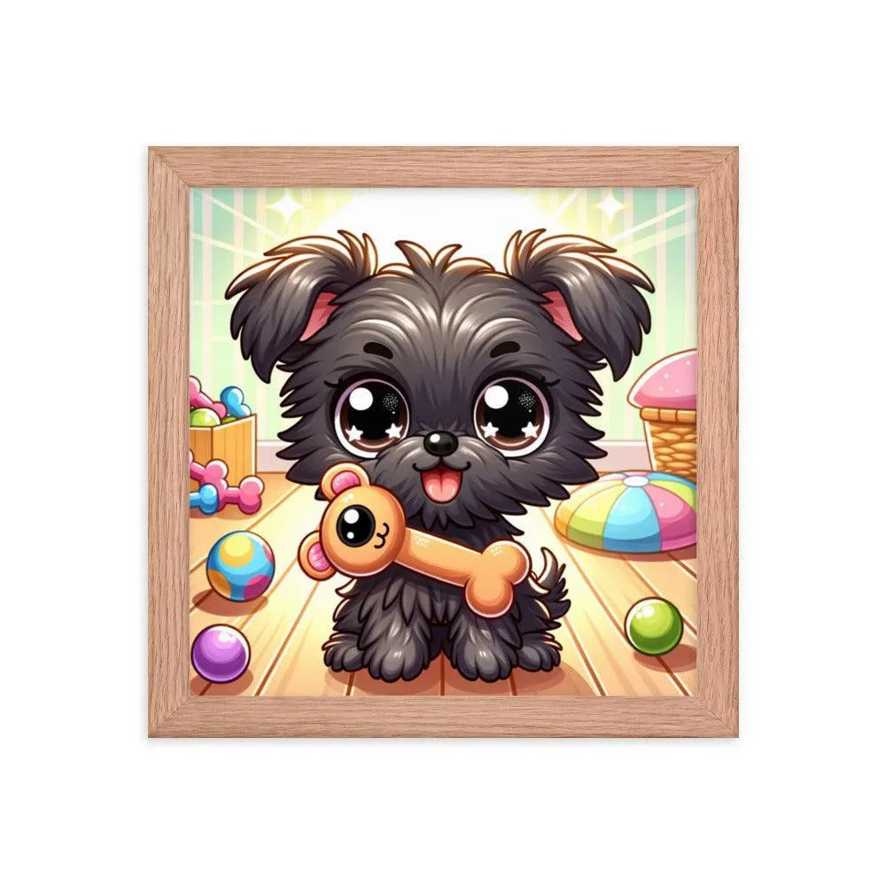 Cute Affenpinscher Puppy with Toy - Playful Charm in Cartoon Framed Poster - Oh Posters