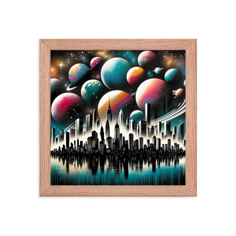 Cityscape Silhouette with Cosmic Planet Sky Spray Paint Art Framed Poster - Oh Posters