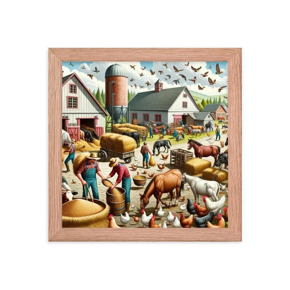 Lively Farmyard Feeding Time Illustration Framed Poster - Oh Posters