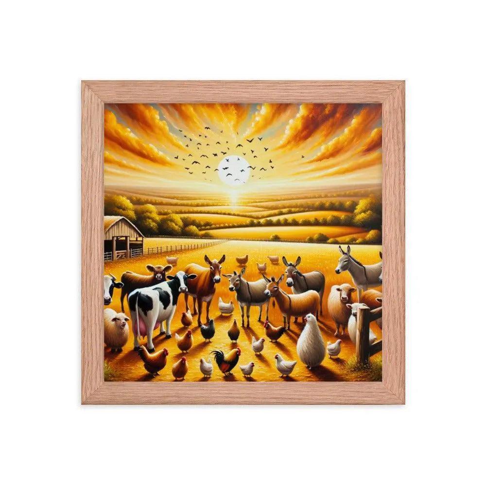 Golden Hour Farm Animals Acrylic Painting Framed Poster - Oh Posters