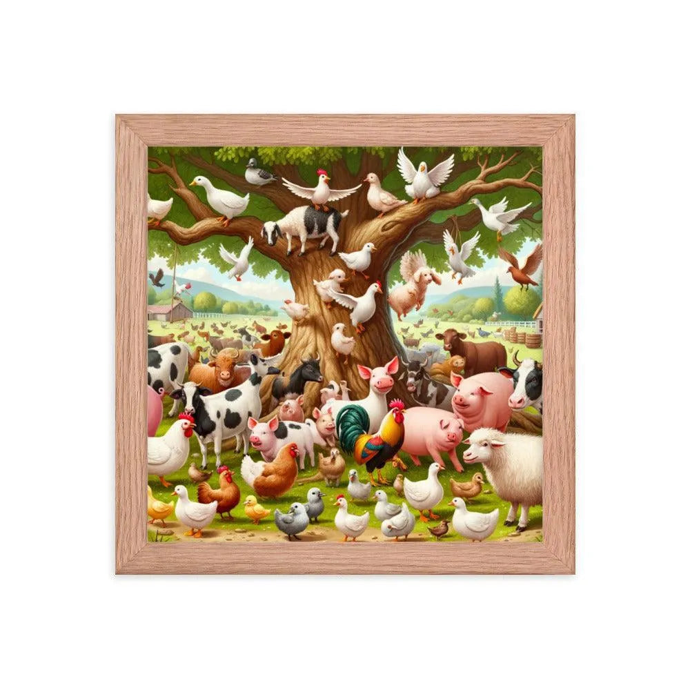 Diverse Farm Animal Gathering Illustration Framed Poster - Oh Posters