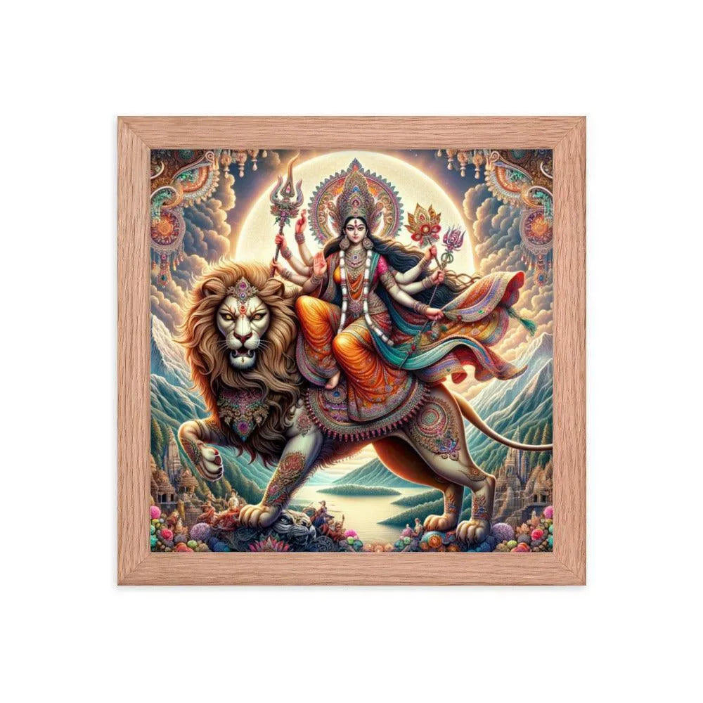 Goddess Durga on Lion Divine Hindu Art Framed Poster - Oh Posters