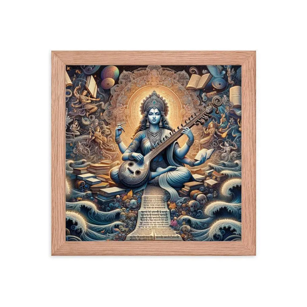 Goddess Saraswati Playing Veena amidst a Lush Landscape Hindu Artistic Framed Poster - Oh Posters