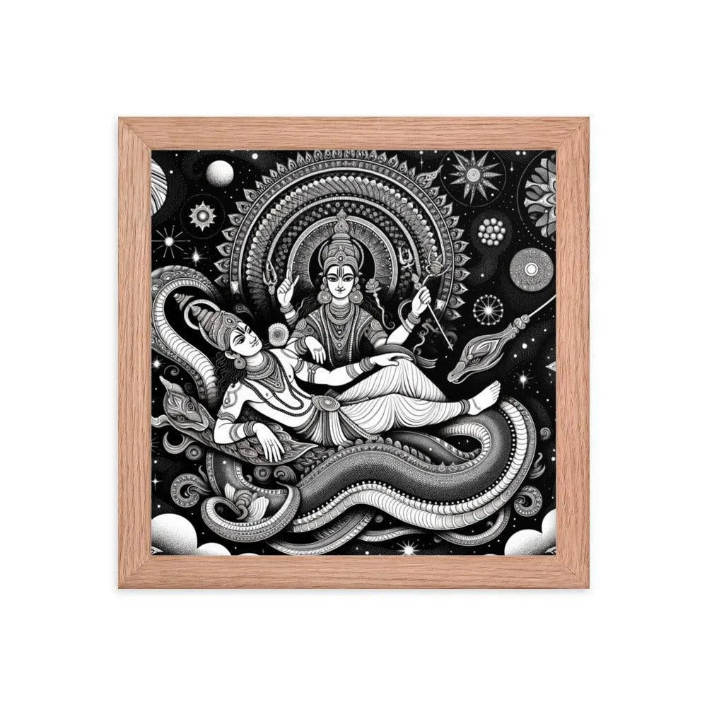 Hindu Lord Vishnu and Goddess Lakshmi Cosmic Serpent Divine Art Framed Poster - Oh Posters