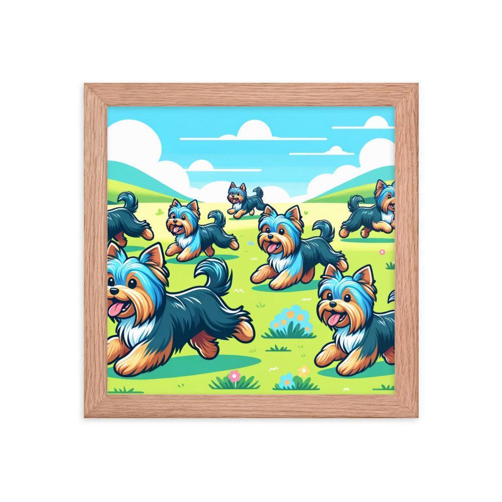 Cheerful Australian Silky Terrier Playtime Cartoon Landscape Framed Poster - Oh Posters