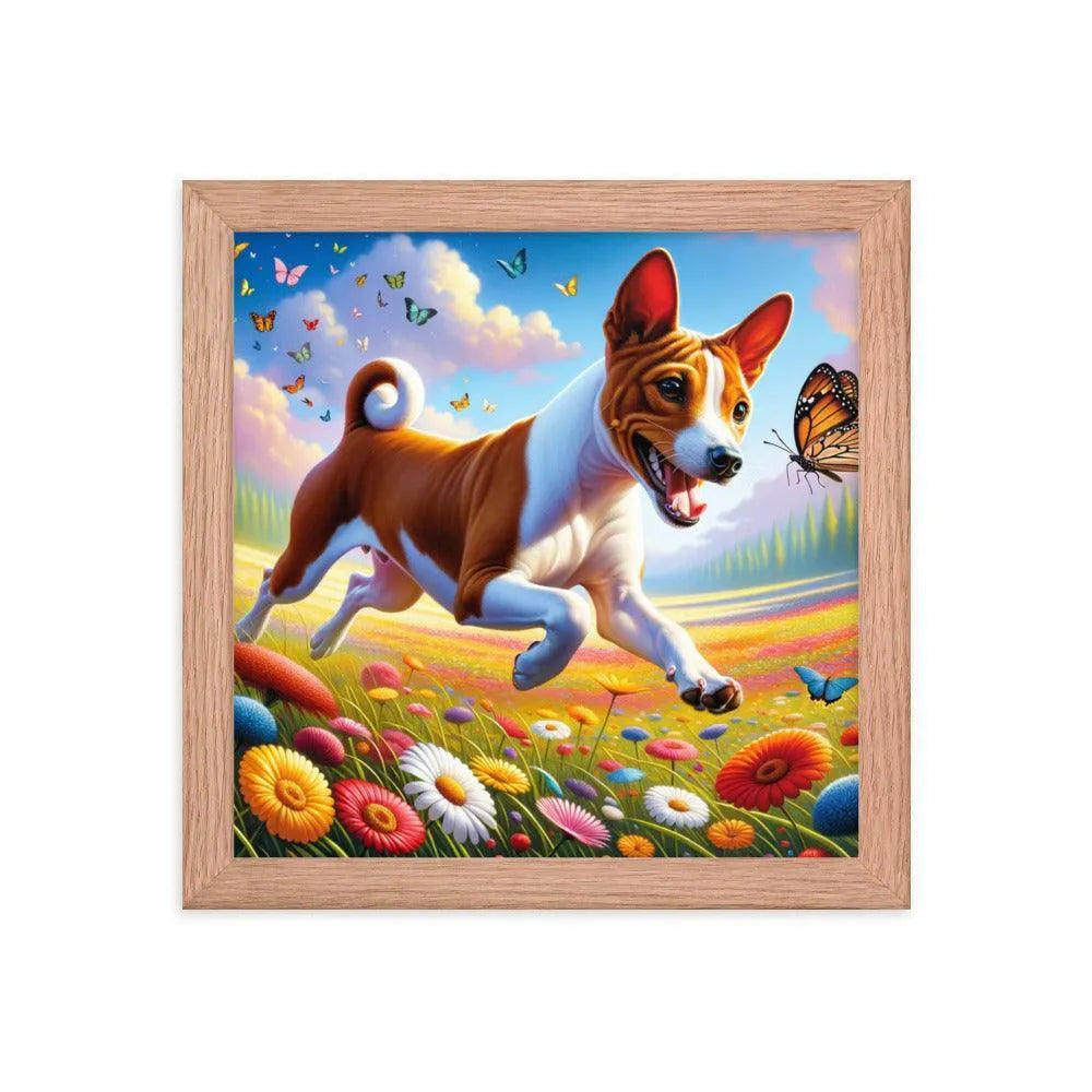 Energetic Basenji Dog Chasing Butterfly in Vibrant Meadow Landscape Framed Poster - Oh Posters