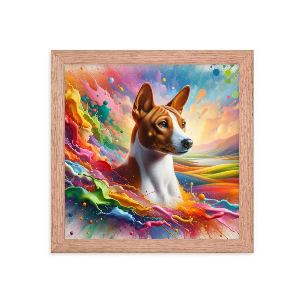 Realistic Basenji Dog Amidst Rainbow Splatter Framed Poster - Oh Posters