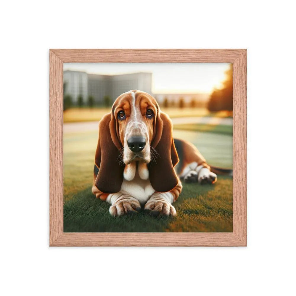 Gentle Basset Hound in Grassy Field Photo Framed Poster - Oh Posters