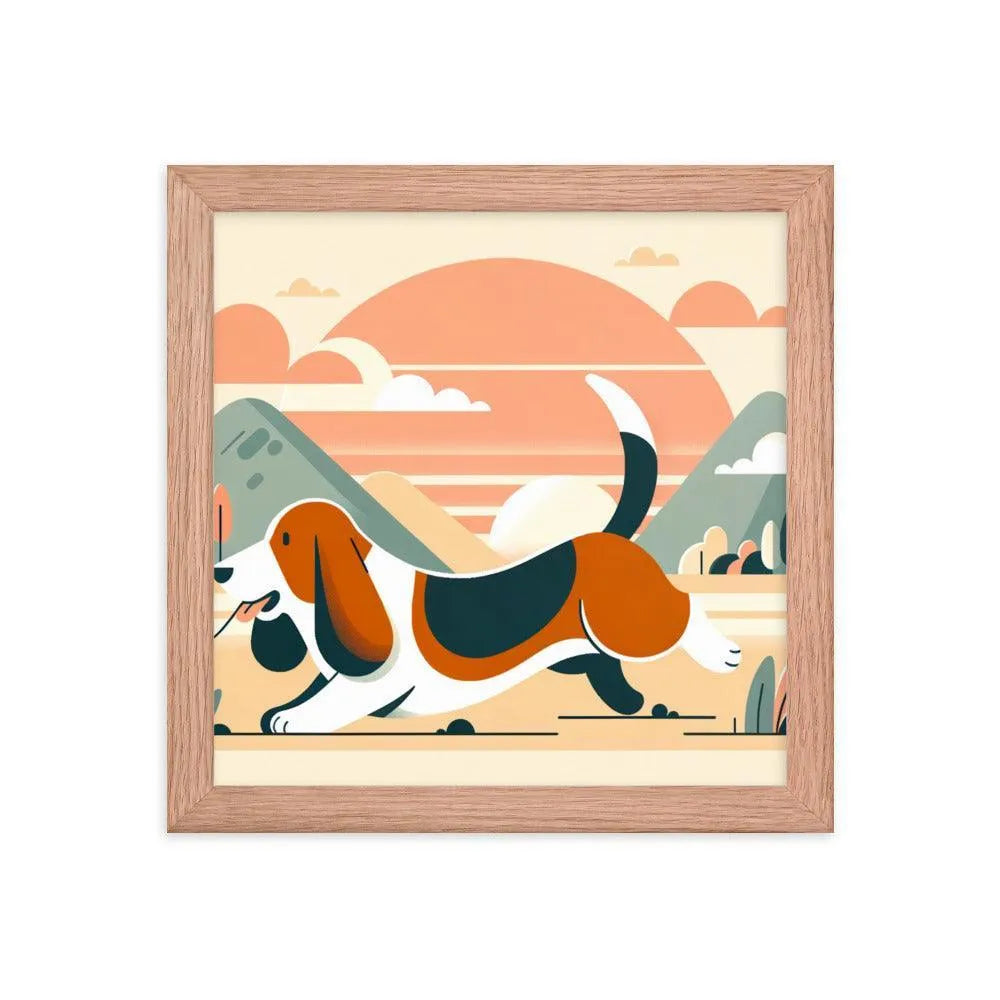 Joyful Basset Hound's Tail Chase Flat Art Framed Poster - Oh Posters