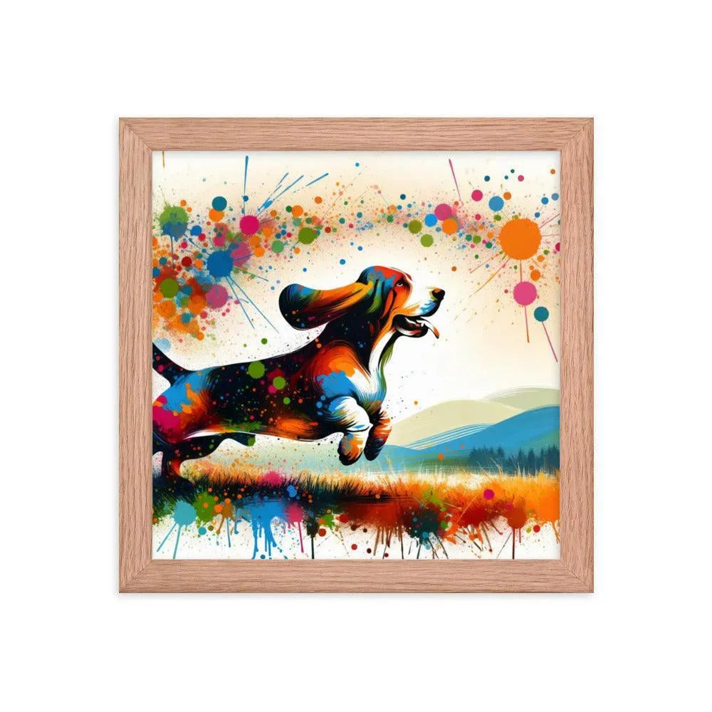 Joyful Basset Hound Playful Splatter Art Framed Poster - Oh Posters