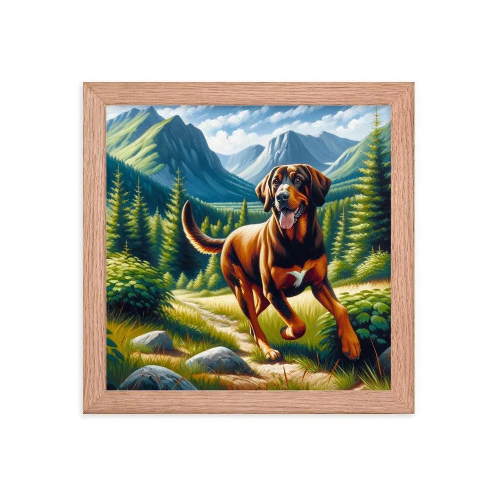 Playful Bavarian Mountain Hound in Mountain Forest Painting Framed Poster - Oh Posters