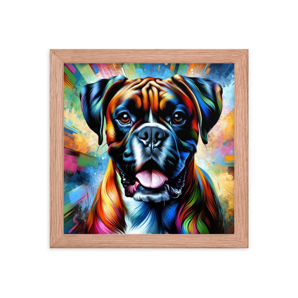 Vibrant Boxer Dog Energy in Colorful Abstract Art with Dynamic Pose Framed Poster - Oh Posters