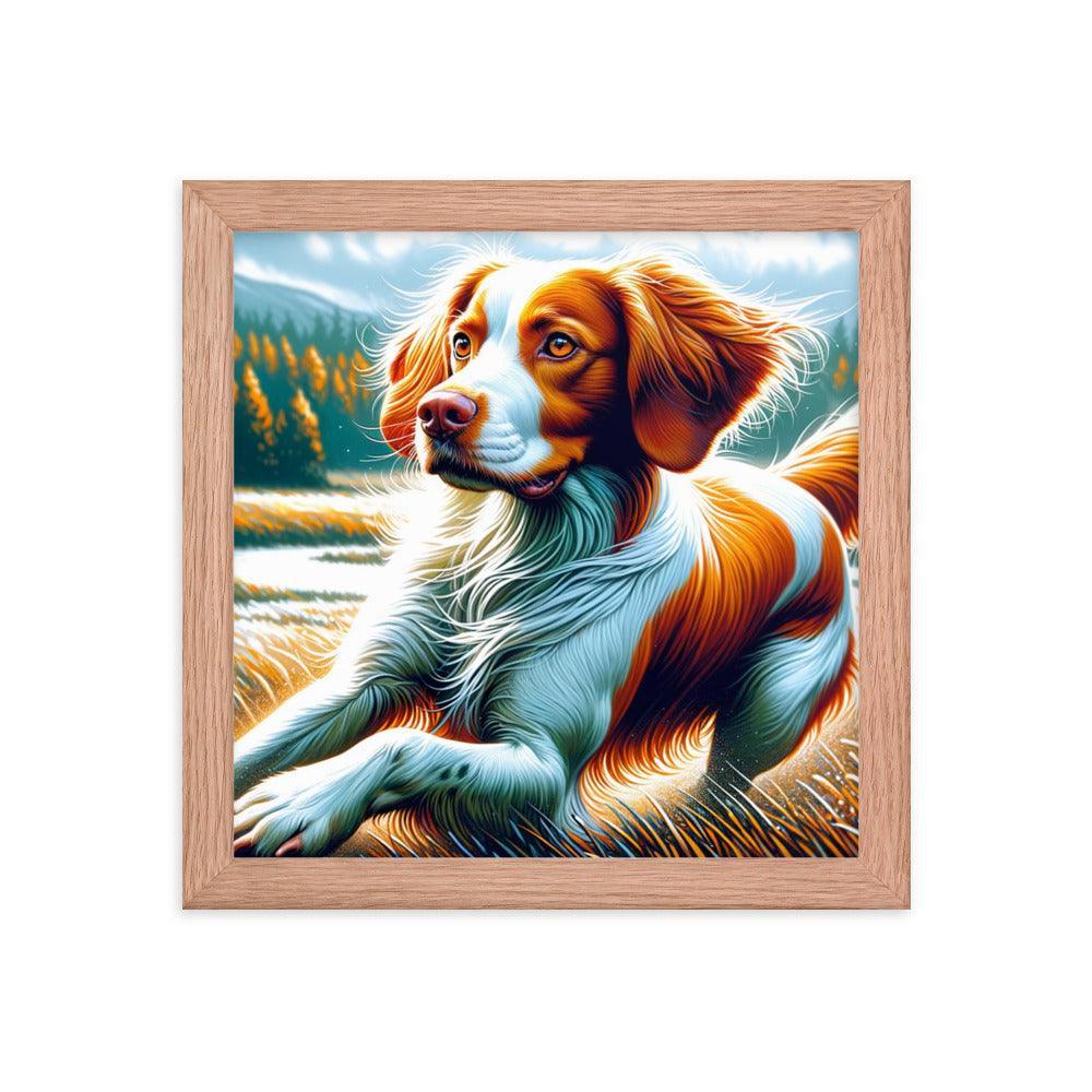 Brittany Dog in Nature Dynamic Pose with Vibrant Outdoor Scene Framed Poster - Oh Posters