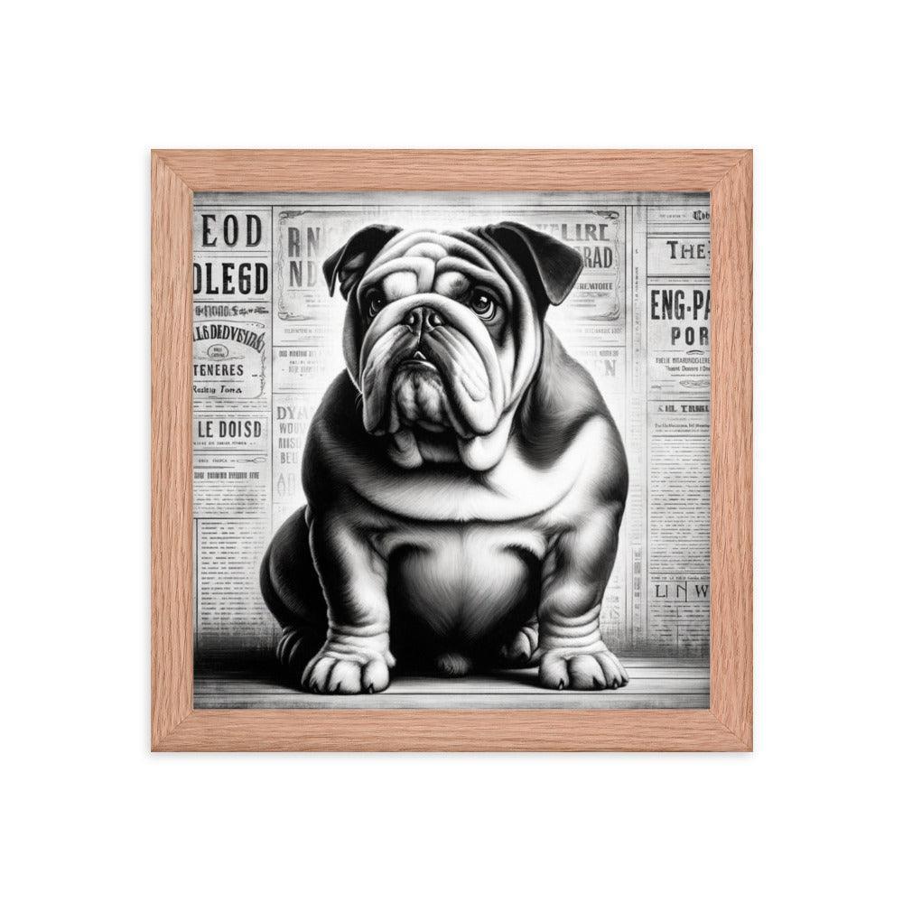 English Bulldog in Vintage Newspaper Style with Monochromatic Theme Art Framed Poster - Oh Posters