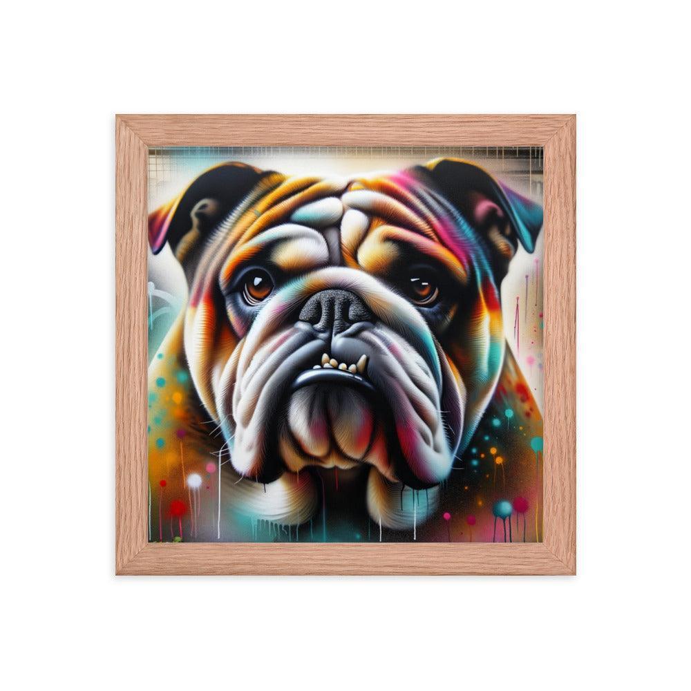 English Bulldog Graffiti Art with Vibrant Spray Paint and Urban Background Framed Poster - Oh Posters