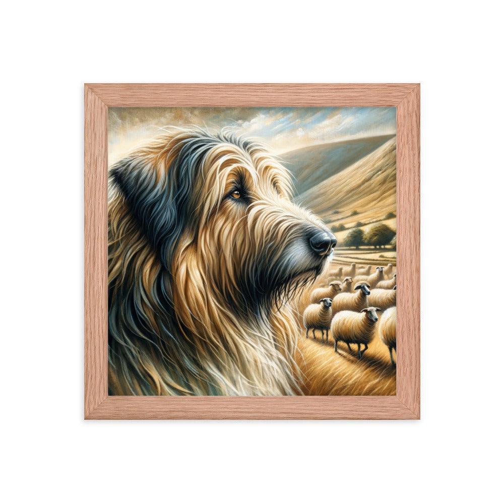 Catalan Sheepdog in Pastoral Setting with Flock and Rolling Hills Framed Poster - Oh Posters