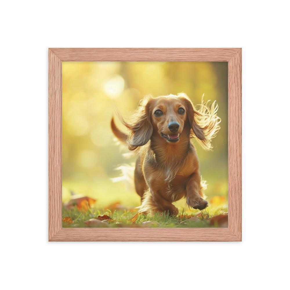 Joyful Long-Haired Dachshund's Playful in Autumn Framed Poster - Oh Posters