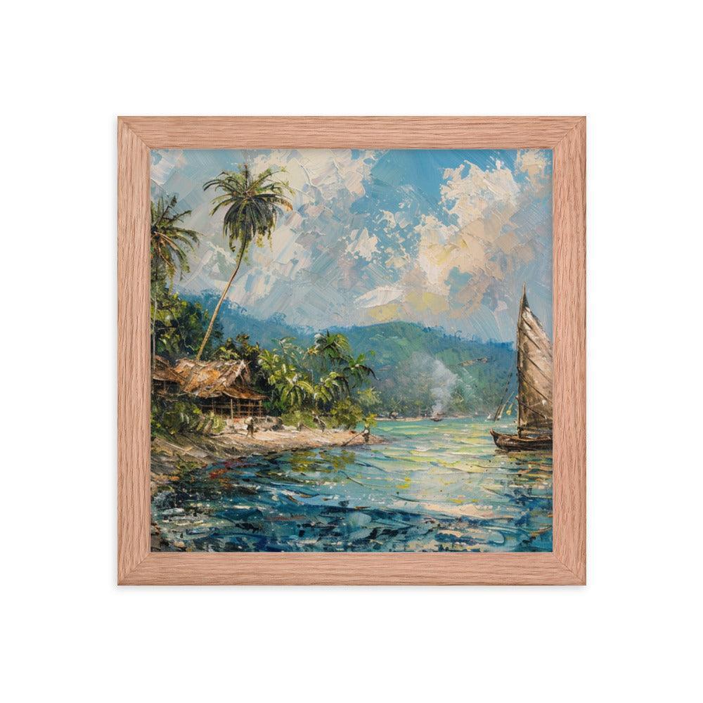 Comoros Beachside Hut and Sailboat Tropical Scene Framed Poster - Oh Posters