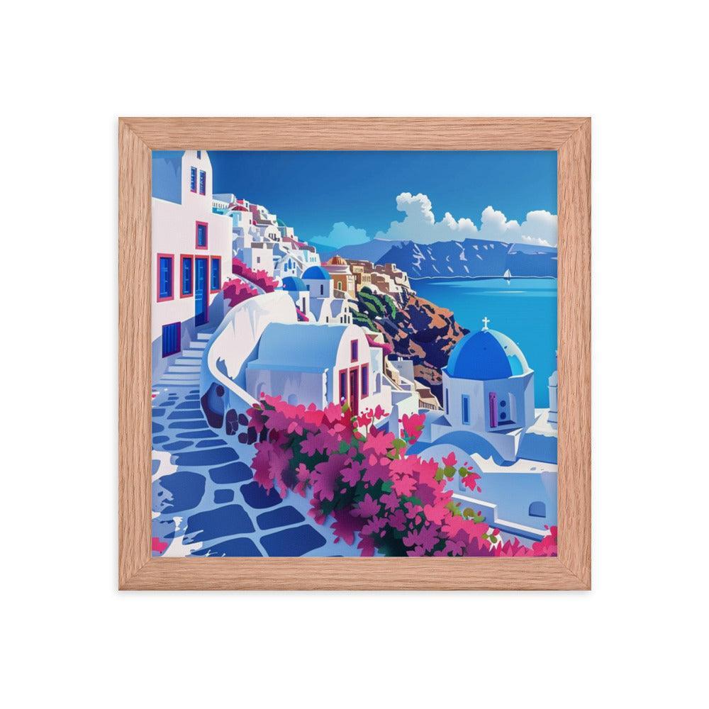 Greece Santorini Vibrant Floral Pathway Framed Poster - Oh Posters