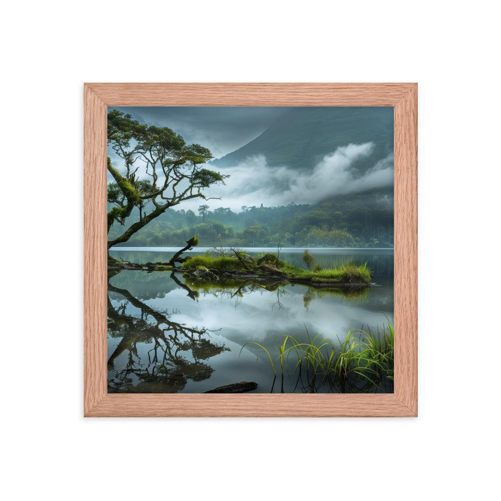 Indonesia Serene Lake Misty Mountains Framed Poster - Oh Posters