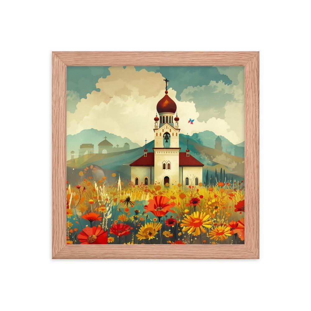 Romania Mountain Church Field of Flowers Framed Poster - Oh Posters