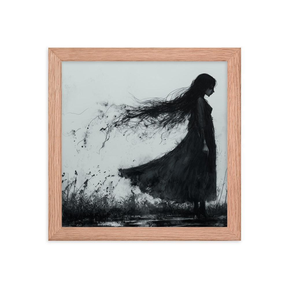 Dark Silhouette Woman in Gloomy Field Ink Illustration Framed Poster - Oh Posters