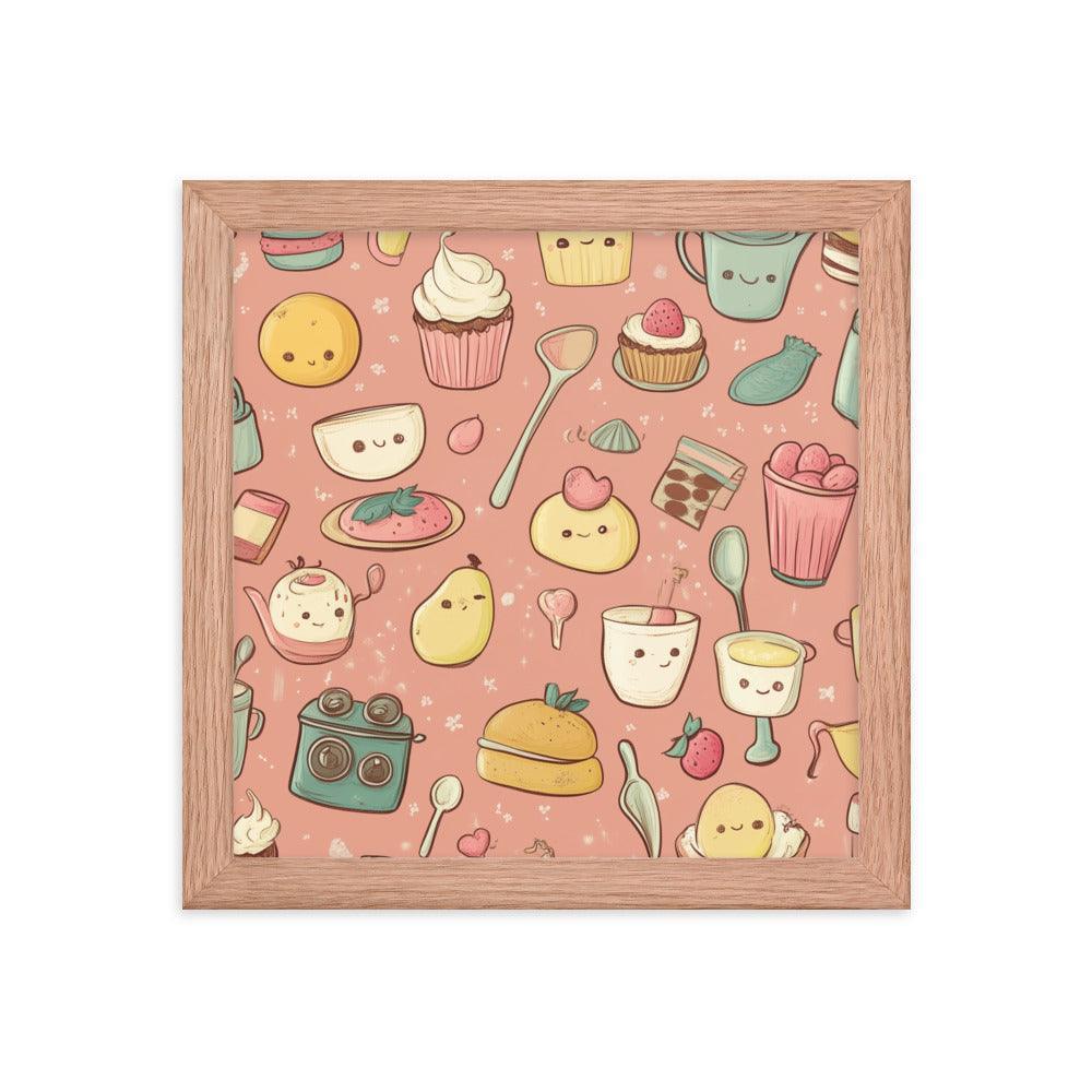 Kawaii Food and Kitchen Utensils Cute Doodle Pattern Framed Poster - Oh Posters