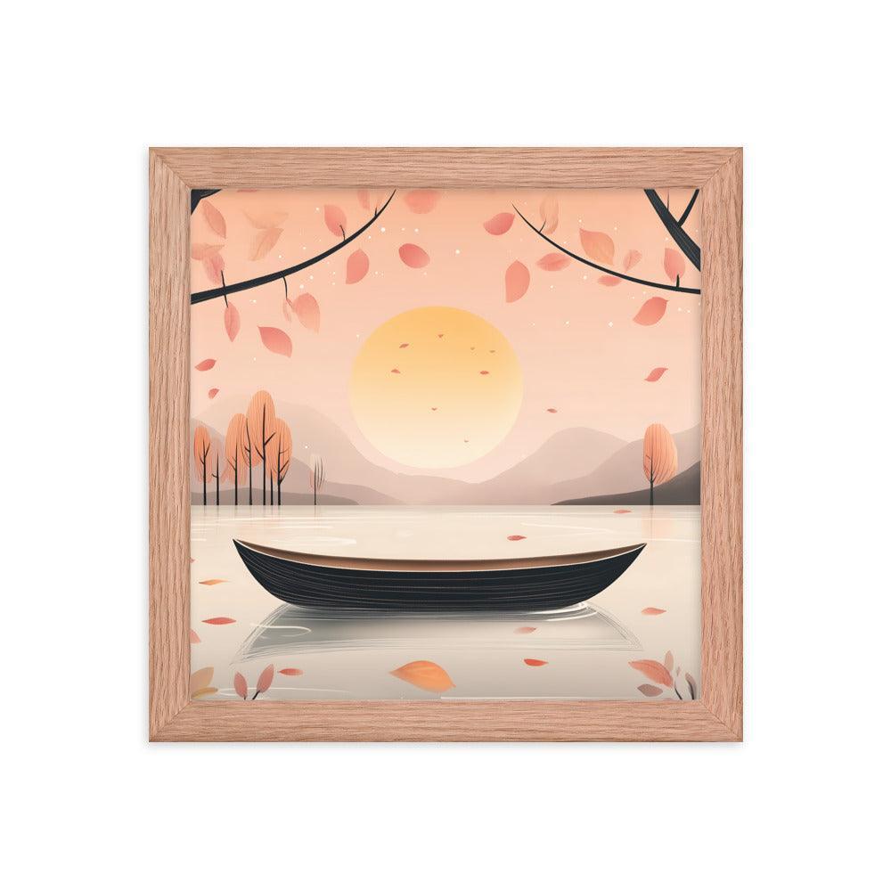 Peaceful Autumn Lake Scene with Soft Sunset and Falling Leaves Framed Poster - Oh Posters