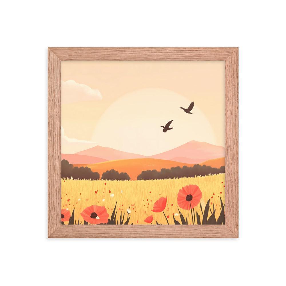 Sunset Field with Poppies and Birds in Pastel Landscape Framed Poster - Oh Posters