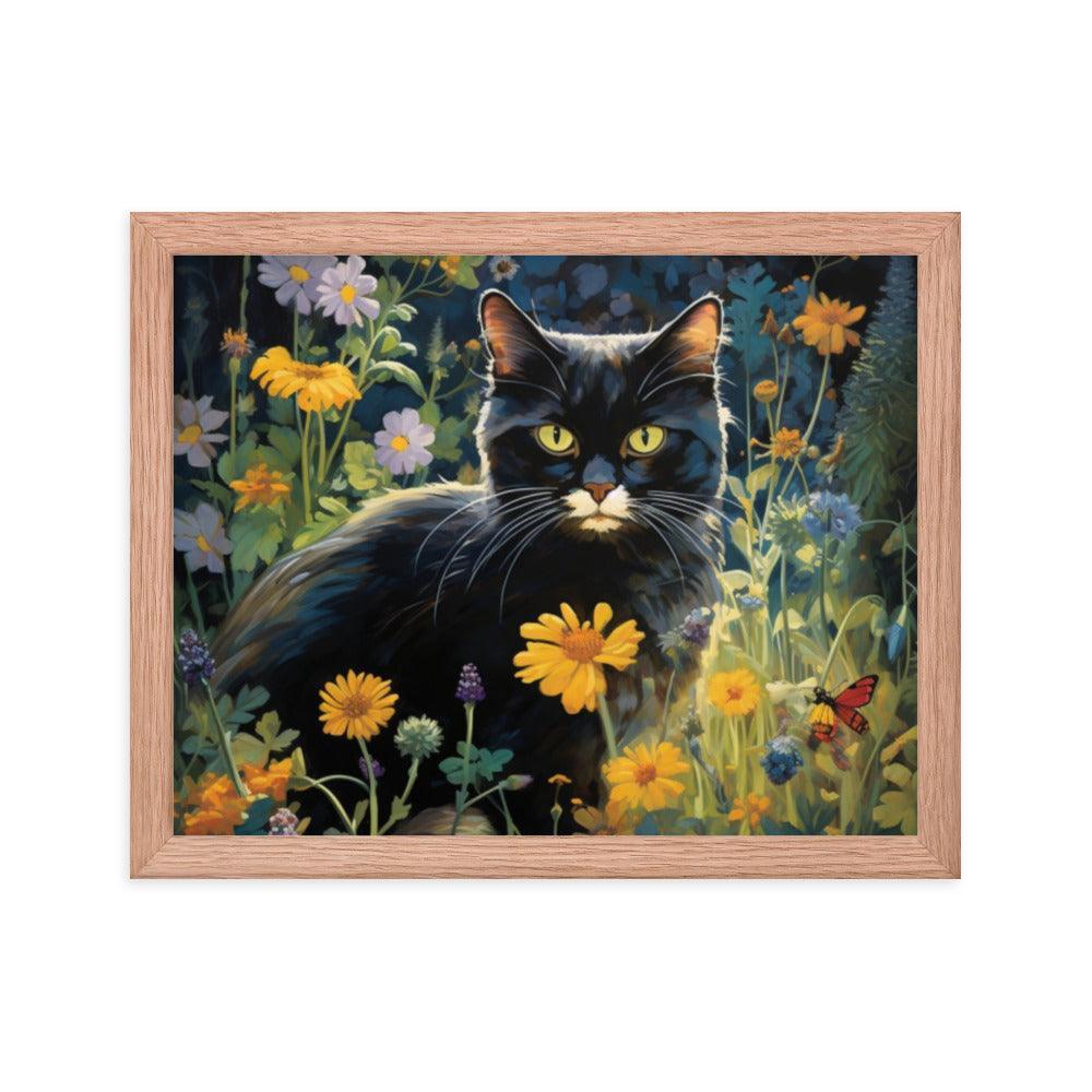 Cat in Moonlit Floral Garden Framed Poster - Oh Posters