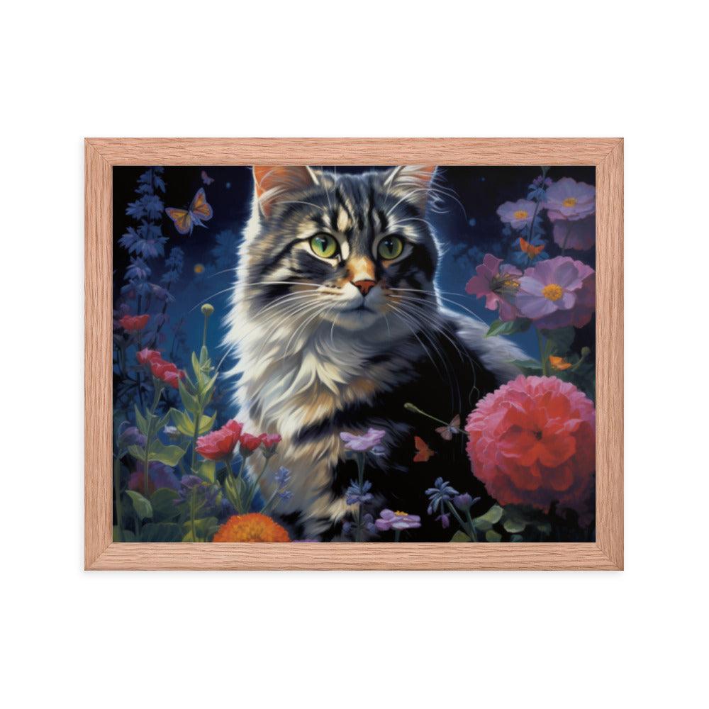 Cat in Moonlit Floral Garden Framed Poster - Oh Posters