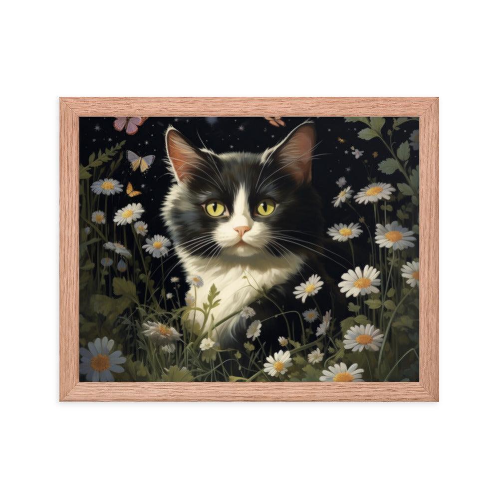 Cat in Moonlit Floral Garden Framed Poster - Oh Posters