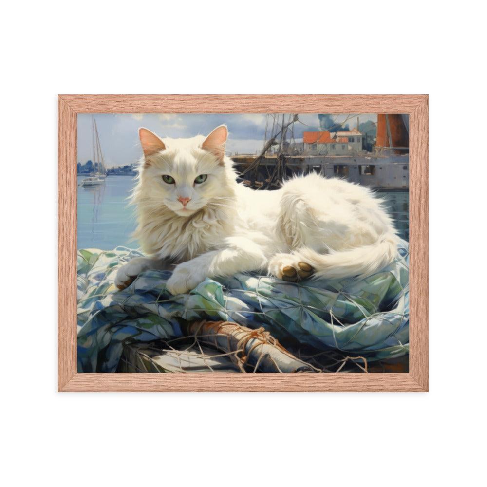 Cat Lounging at Seaside Harbor Framed Poster - Oh Posters