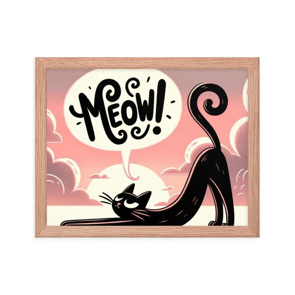 Cat Stretching Saying Meow at Sunset Framed Poster - Oh Posters