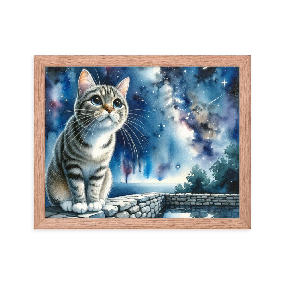 Cat on Wall under Starry Sky - Mystical Framed Poster - Oh Posters