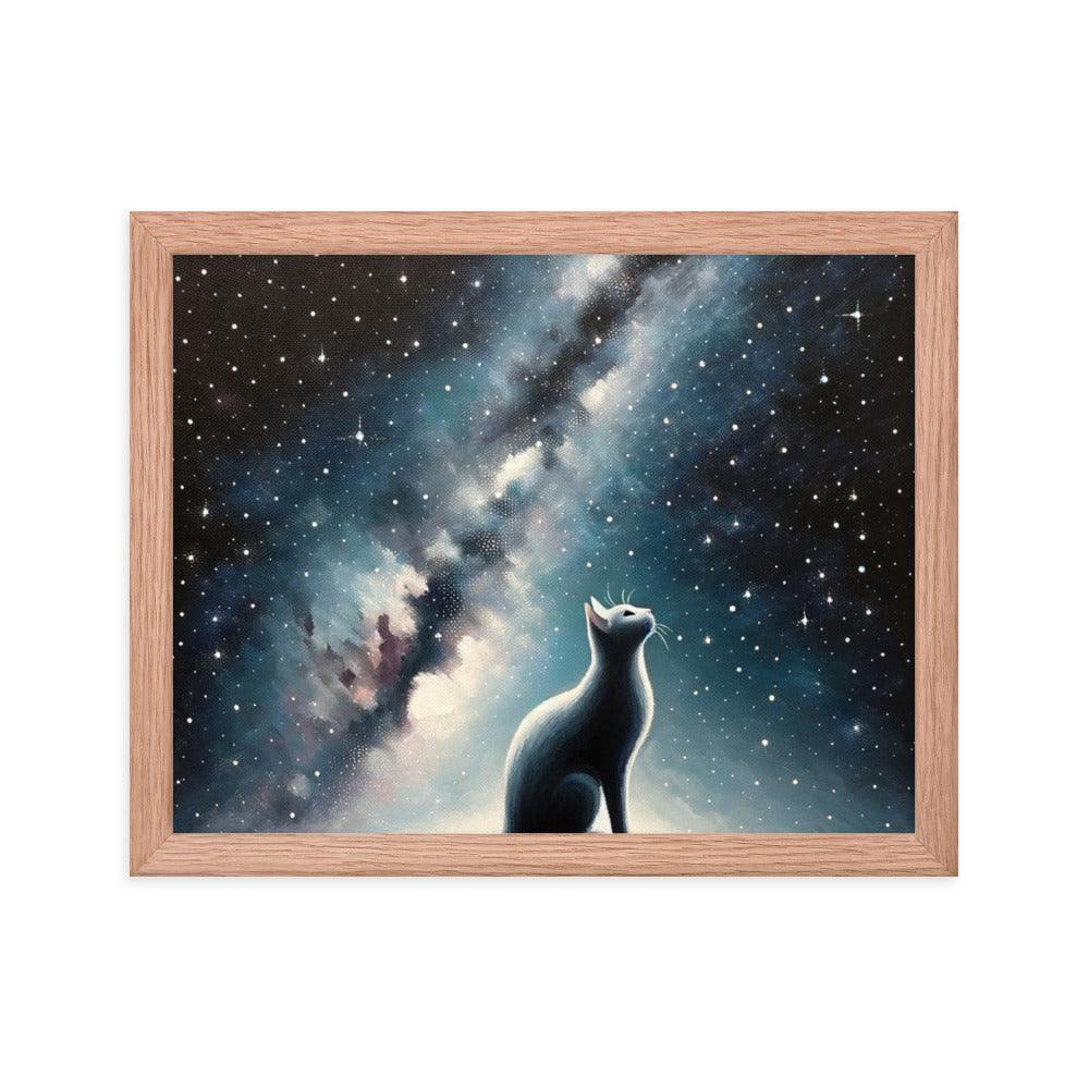 Cat on Hill Gazing at Moonlit Milky Way - Celestial Framed Poster - Oh Posters