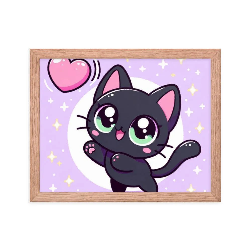 Kawaii Black Cat Heart Balloon Cute Illustration Framed Poster - Oh Posters