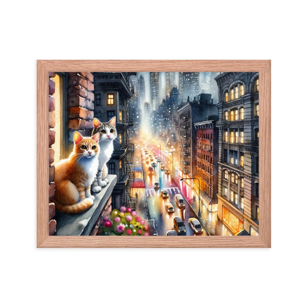 Cats on Windowsill Observing City Lights - Urban & Expressive Framed Poster - Oh Posters