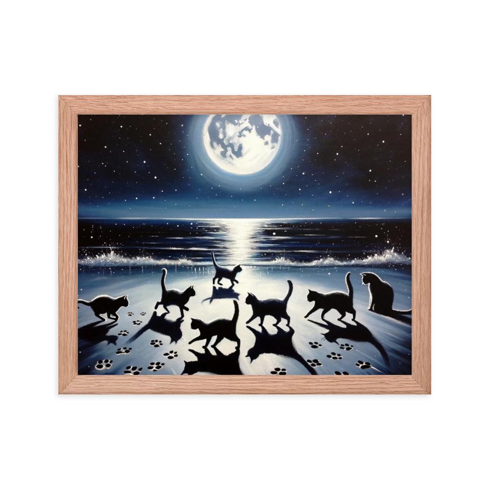 Cats Playing Tag on Moonlit Beach - Magical & Playful Framed Poster - Oh Posters