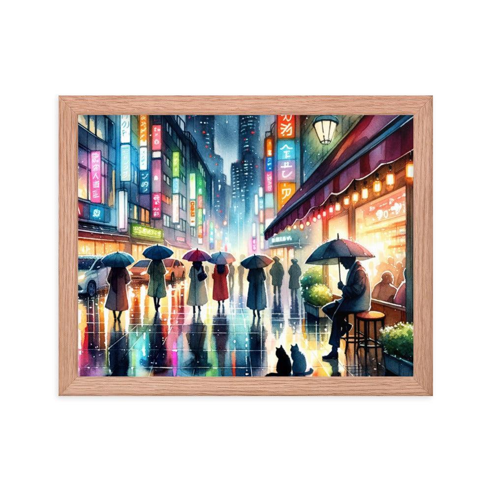 Cats Under Cafe Awning on Rainy City Evening - Atmospheric & Urban Framed Poster - Oh Posters