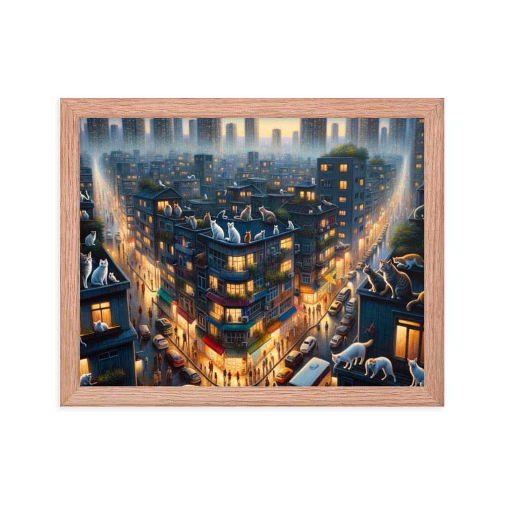 Cats' Twilight Cityscape Magical Glow Art Framed Poster - Oh Posters